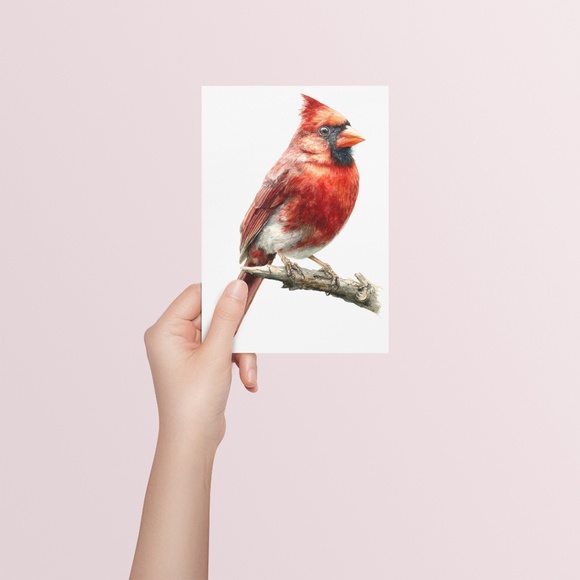 Watercolor Red Cardinal Bird Portrait Wall Art Print Unframed - Picture 5 of 6